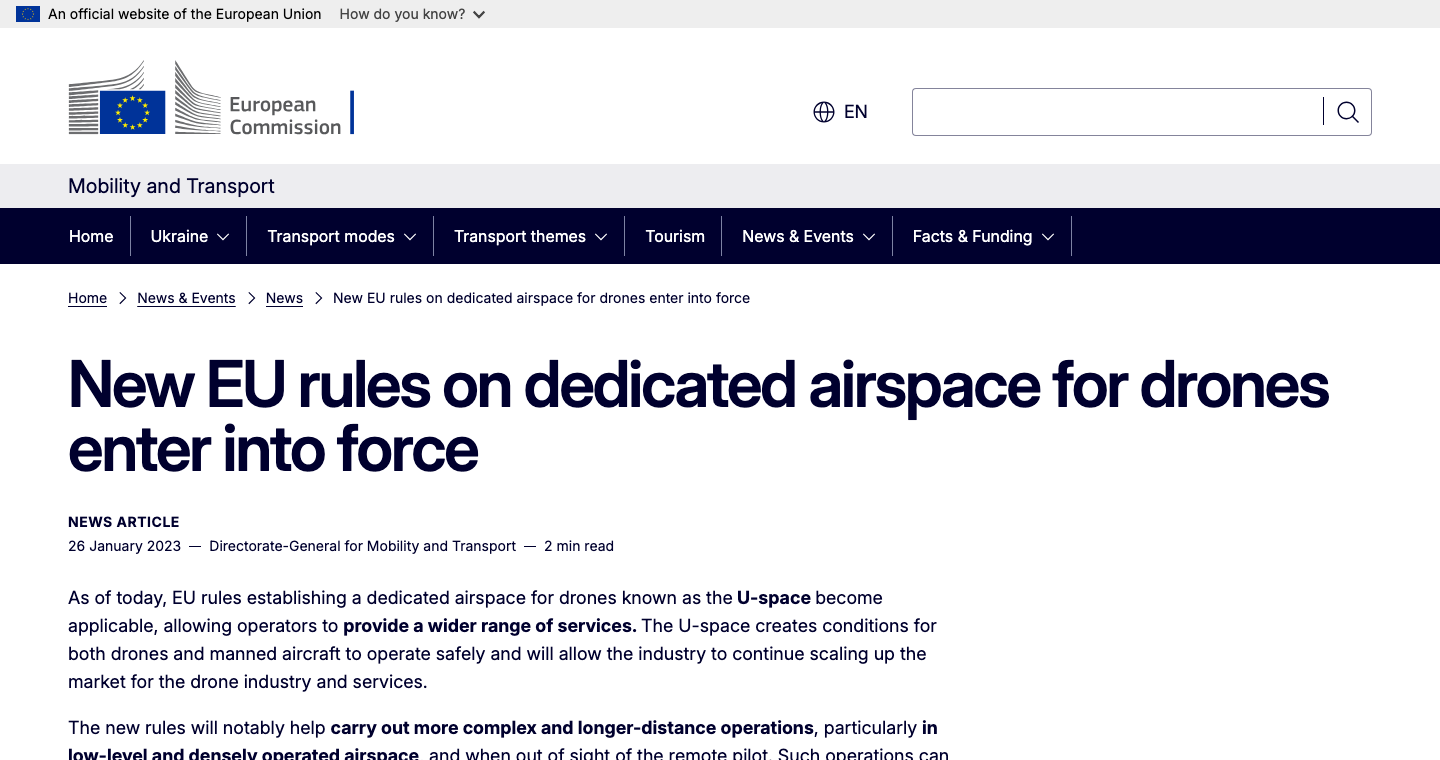 European Commission webpage announcing new EU rules on dedicated airspace for drones
