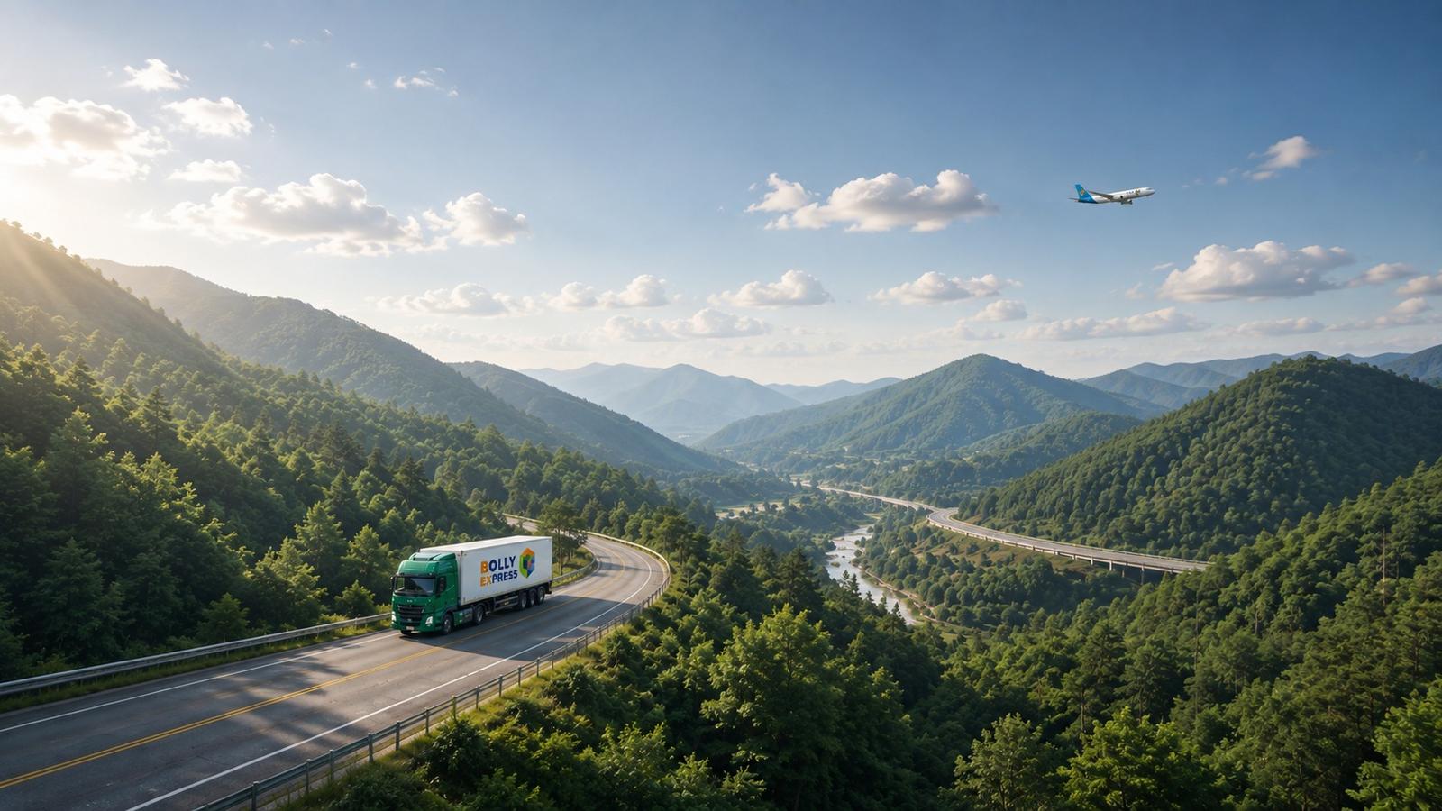 Bolly Express truck on mountain highway with aircraft