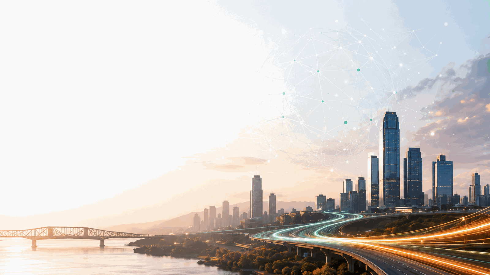 City skyline with digital network