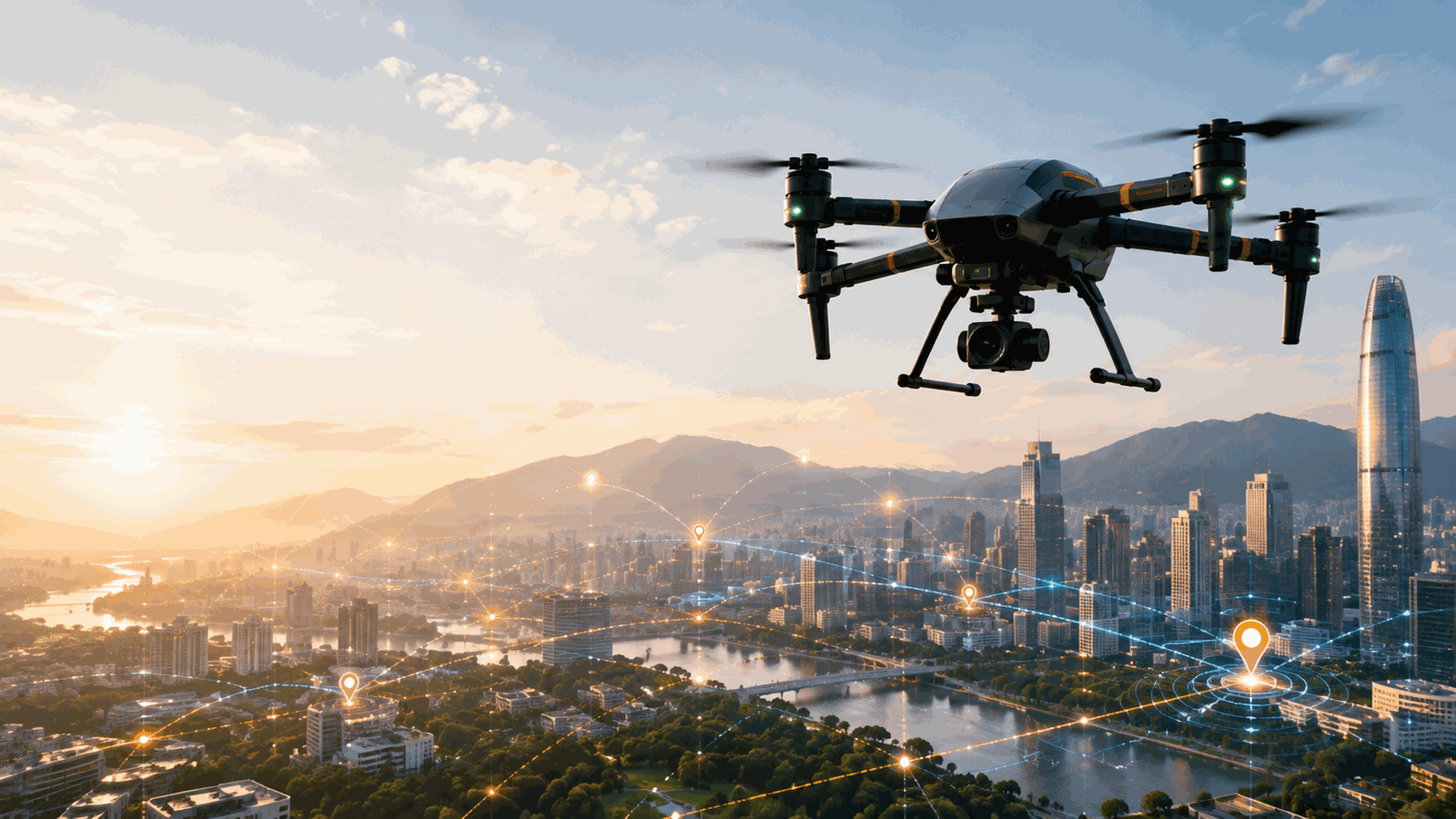 Drone over city skyline with network overlay
