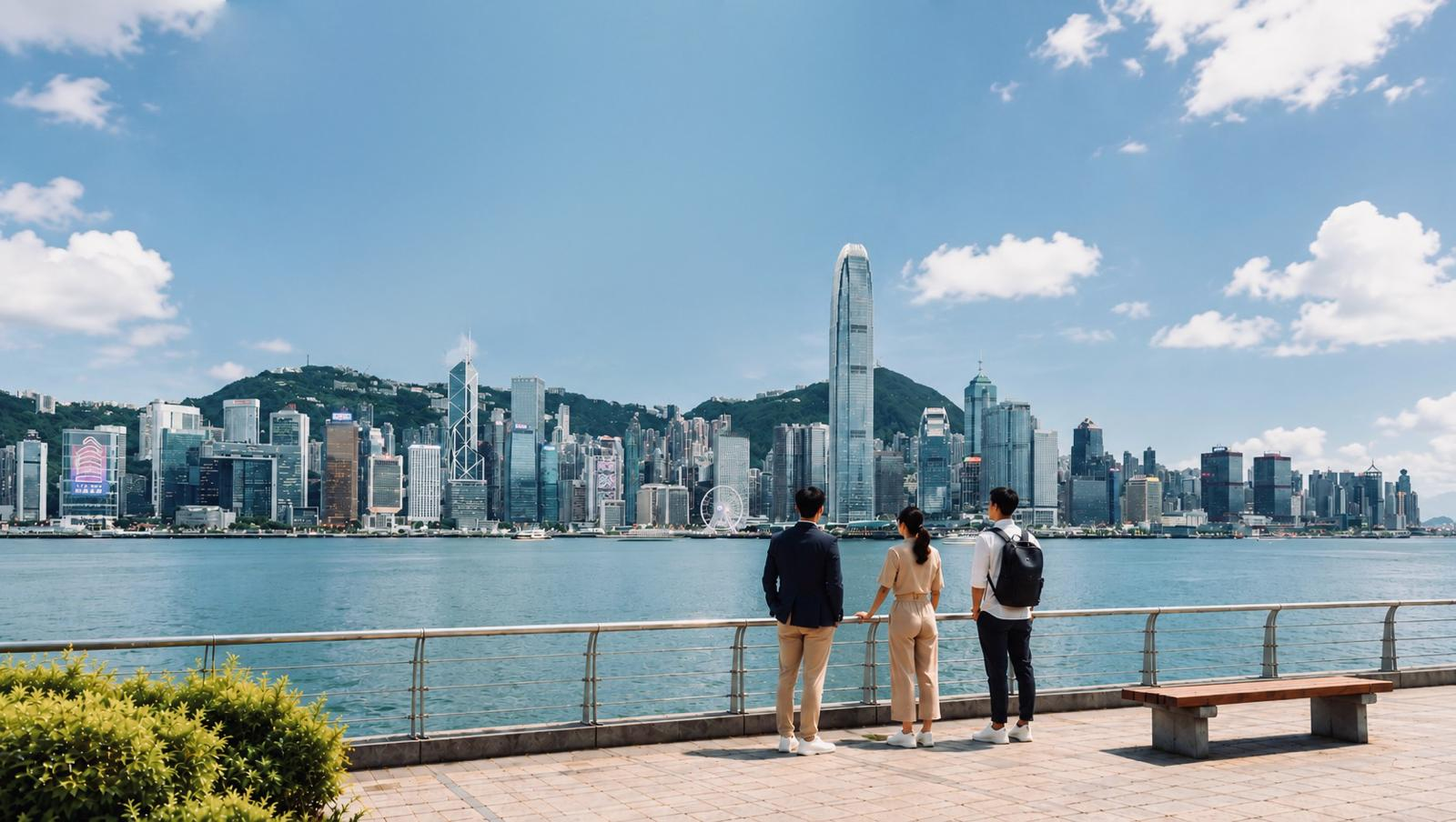 Hong Kong Victoria Harbour promenade and skyline