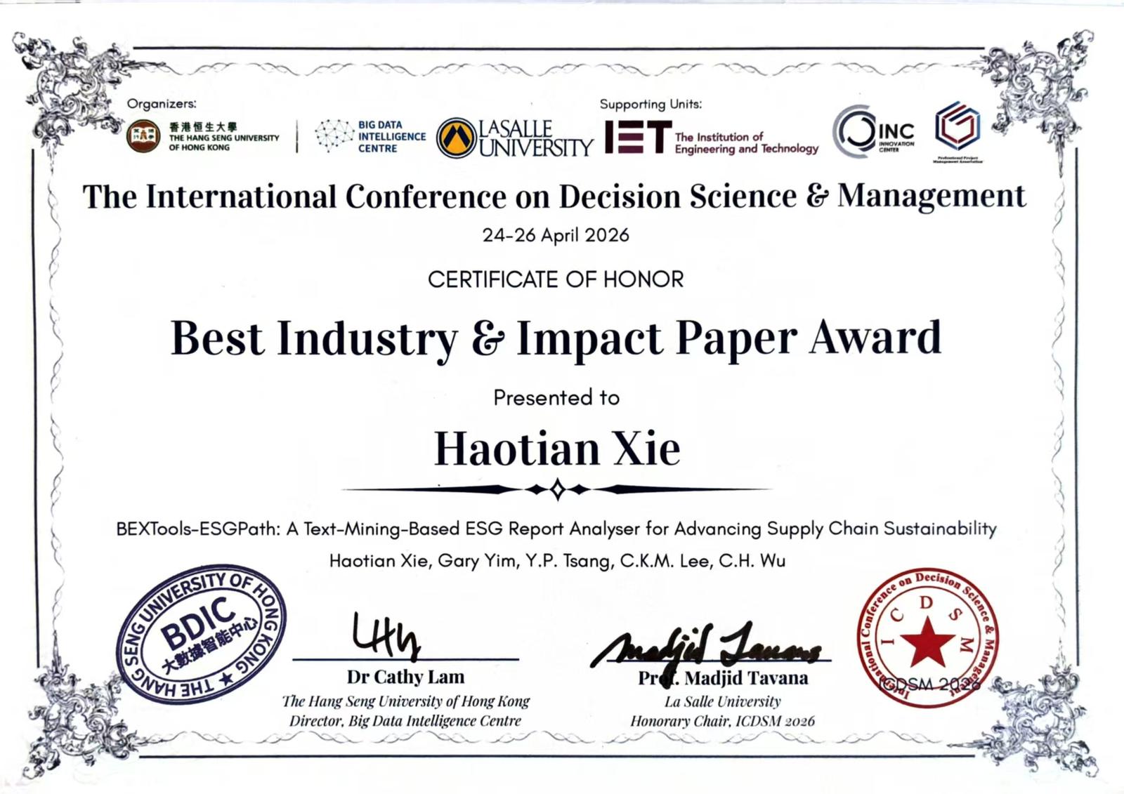 Best Industry & Impact Paper Award certificate – ICDSM 2026
