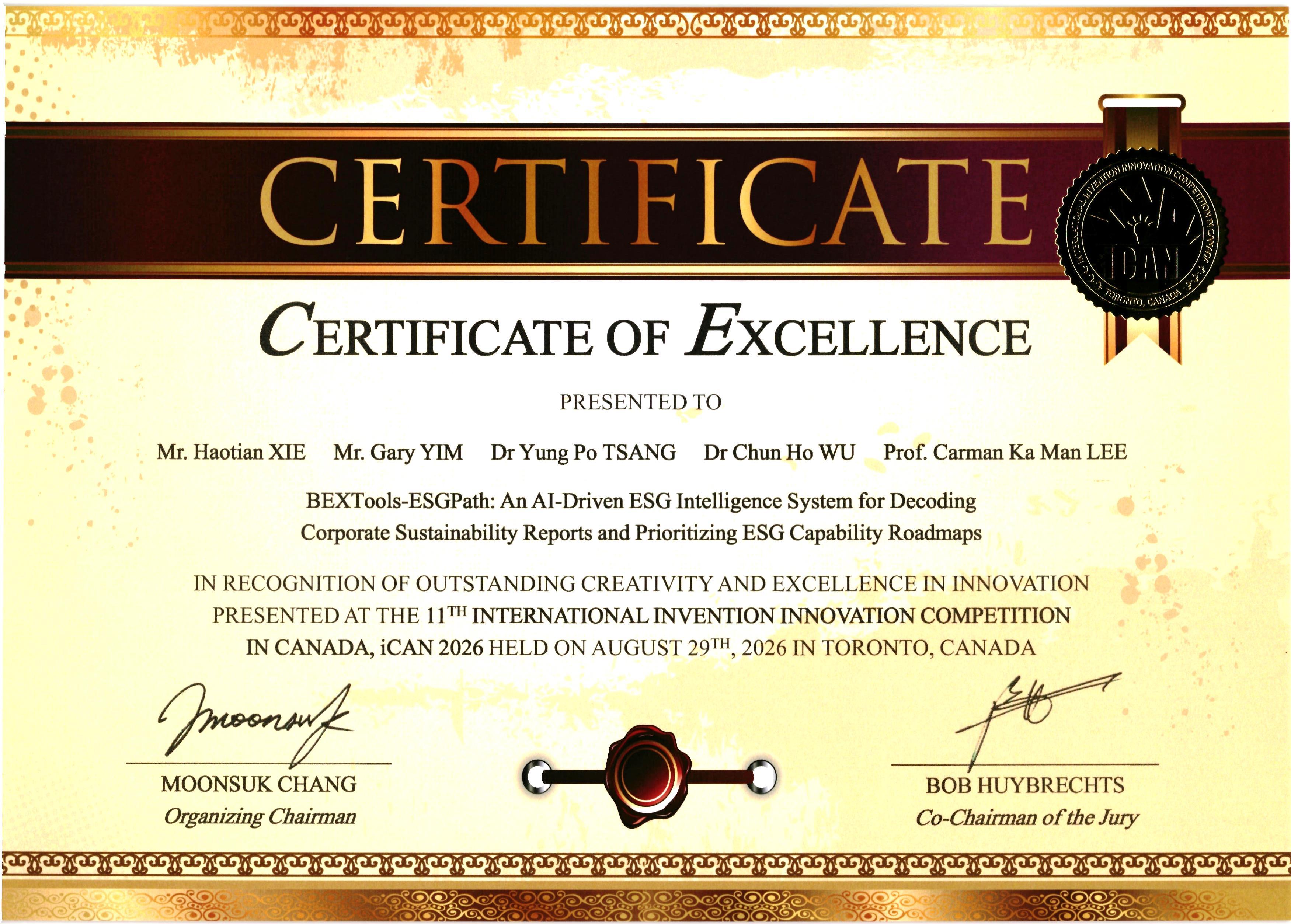 Certificate of Excellence for BEXTools-ESGPath at iCAN 2026