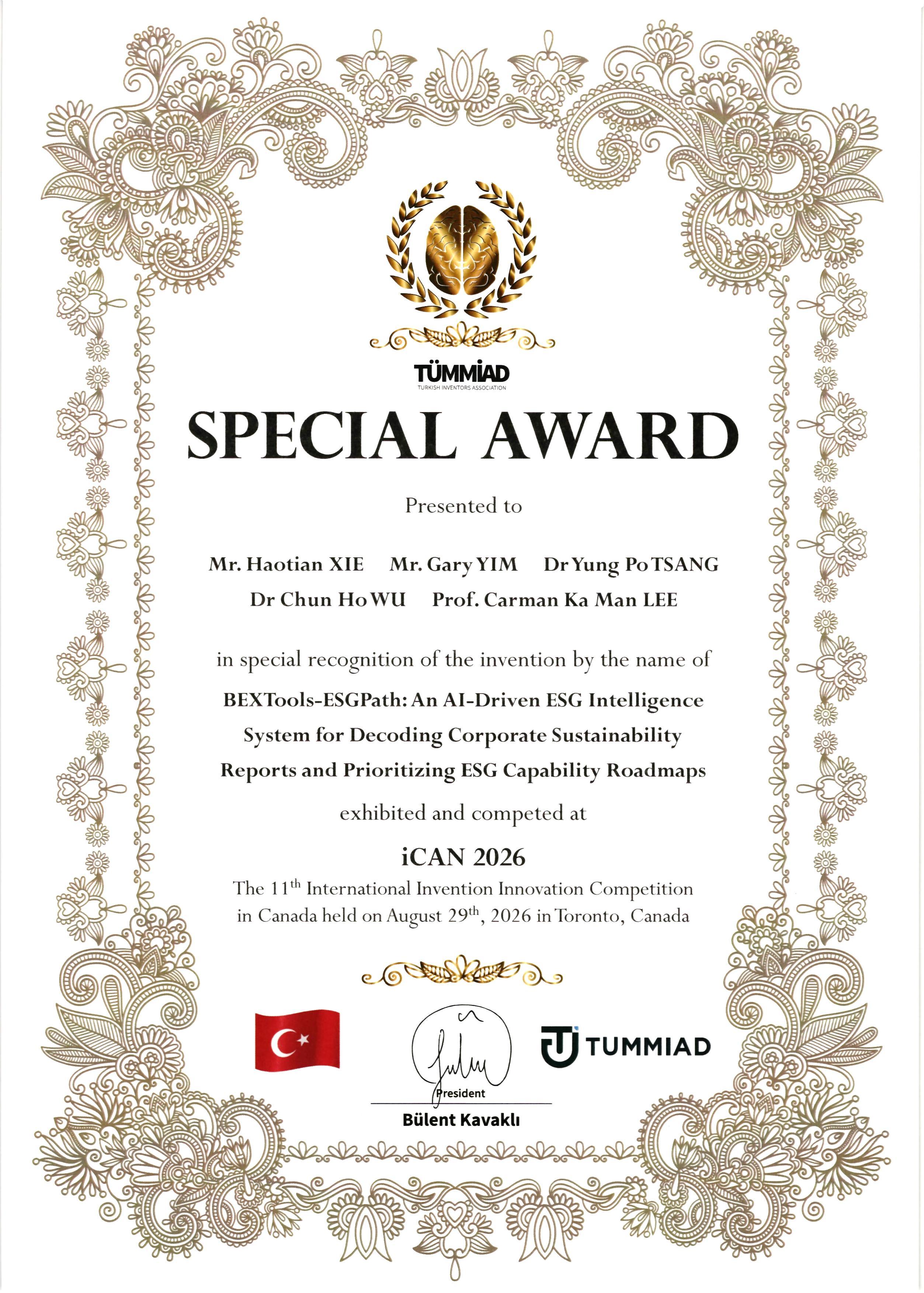 TÜMMİAD Special Award for BEXTools-ESGPath at iCAN 2026